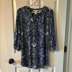White House Black Market Blue 3/4 Sleeve Mandarin Collar Blouse